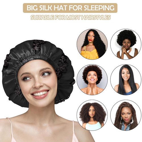 BHAHB Satin Hair Bonnet Silk Bonnet for Sleeping Double Layer Elastic Adjustable Caps Reusable Cute Aesthetic for Women Girls-Black Butterfly