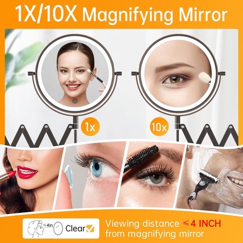 Rechargeable Wall Mounted Makeup Mirror with Light, 8 Inch 1X/10X Magnifying Mirror, 3 Light Settings & Dimmable, 360° Swivel Extendable Bathroom Vanity Mirror, Anti-Rust, Telescoping, Antique Bronze