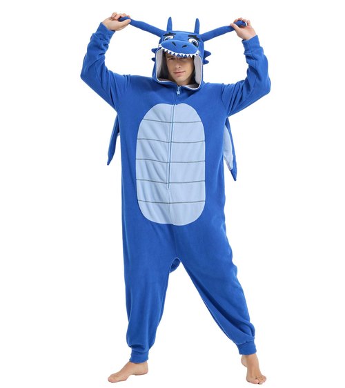 Focupaja Dragon Onesie Adults Animal Cosplay Halloween Pajamas Costumes Jumpsuit One Piece Sleepwear Blue Dragon Black Line XL