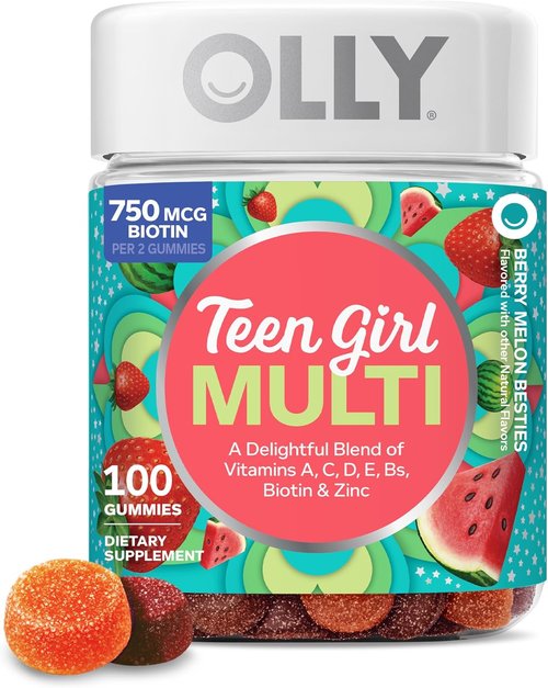 OLLY Teen Girl Multi Gummy - Chewable Multivitamin for Healthy Skin & Immune Support | Strawberry Melon Flavor, 100 Count