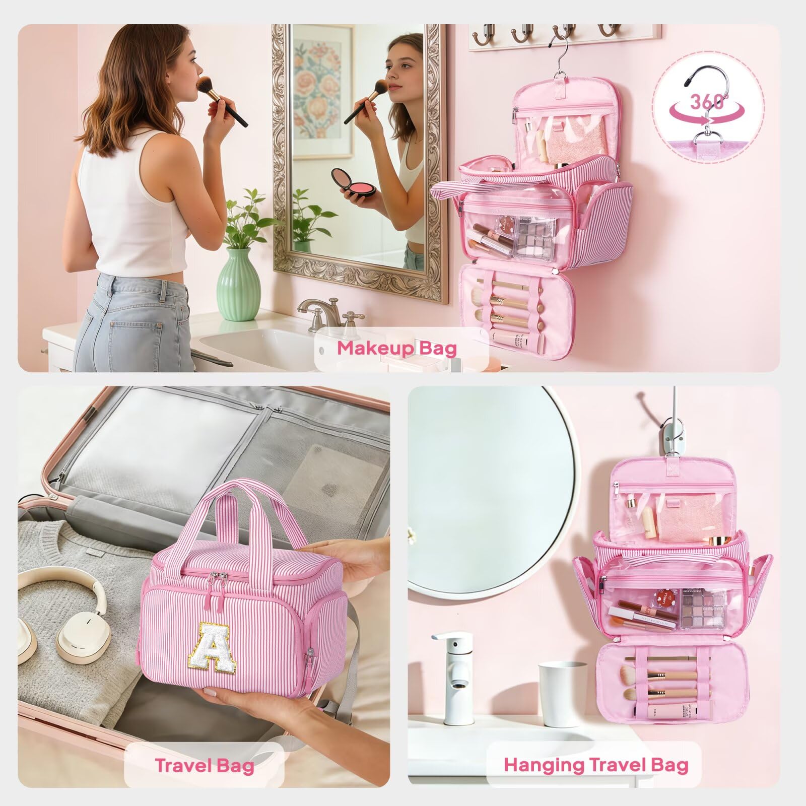 YOOLIFE Travel Toiletry Bag for Women, Initial Hanging Toiletry Bag for Teen Girls, Birthday Gifts for 10 11 12 13 14 15 16 17 Year Old Girls, Pink (A)
