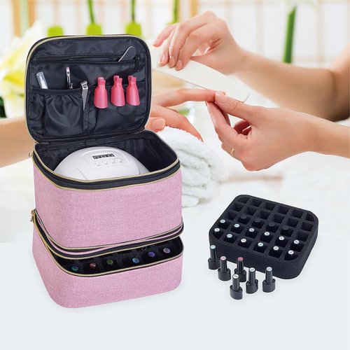 UOZL Nail Polish Organizer, Handheld Double Layer Nail Polish Storage with Adjustable Dividers, Holds 30 Bottles (15ml/0.5 fl.oz) for Nail Polish Lamp Manicure Tools and Essential Oil, Pink