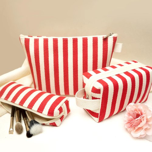 Beayuva 3 Pcs Makeup Bag Set Striped Canvas Purse Cosmetic Bag For Women Travel Toiletry Pouch Organizer pencil case (Red-White)