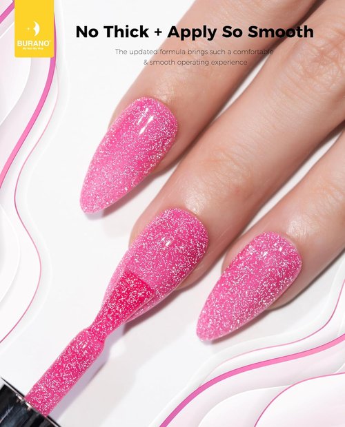 BURANO Hot Pink Reflective Glitter Gel Nail Polish - UV LED Holographic Sparkle 7.3ml for DIY Nails