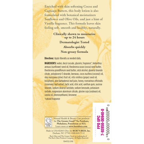 Burt's Bees Body Lotion - Cocoa & Cupuacu Butters for Deep Hydration | 0.45 lb (Pack of 2)