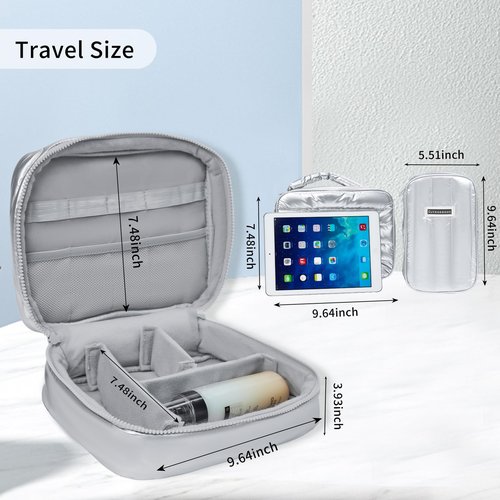 Cuteseason Puffy Quilted Silver Makeup Bag for Women, Large Waterproof Cosmetic Bag with Compartments, Travel Toiletry Organizer Pouch(Black, L)