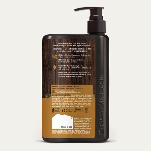 Every Man Jack Mens Amber + Sandalwood Hand & Body Lotion for All Skin Types - Dermatologist Tested & Hypoallergenic - Nourish Skin with Lightweight Fast Absorbing Lotion - 13.5oz 2 Bottles