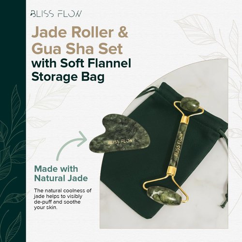 BlissFlow Jade Roller & Gua Sha Set – Natural Jade Face Roller for Puffiness, Wrinkles & Lifting – Cooling Facial Massage Tool for Glowing Skin, Stress Relief & Skincare Absorption