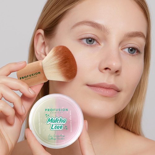 Profusion Cosmetics Matcha Love Duo | Weightless 2-in-1 Correcting Powder & Kabuki Brush - Revive Dull Skin, Talc-Free