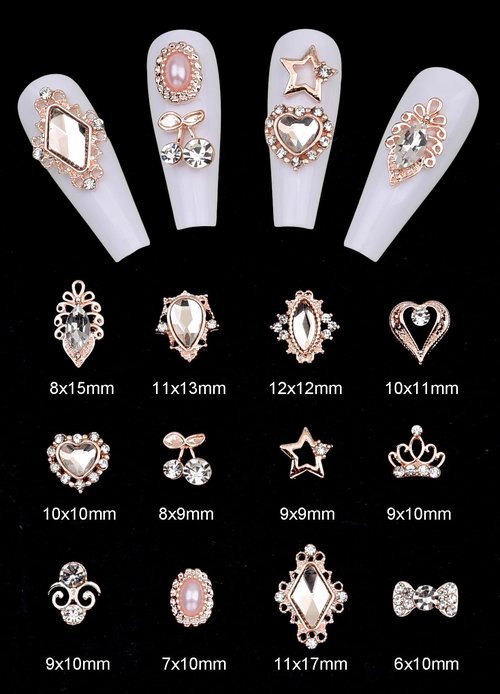 120pcs Rose Gold Nail Rhinestone Charms 3d Heart Gems Alloy Nail Art Jewelry Star Crown Crystal Rhinestone Nail Studs Shining Cherry Stone Jewels for Y2k Women Girl Acrylic Nails Design DIY Crafts Set
