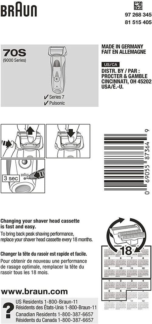 Braun Series 7 70S Replacement Cassette - Compatible with Pulsonic & 9000 Series | Pack of 2