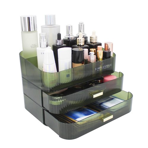 Makeup Organizer with 2 Drawers, Cosmetics Organizer for Bedroom and Bathroom Vanity Countertops, Large Capacity Cosmetic Storage Box for Skincare Cream Perfume Lipstick Dresser Counter-Green