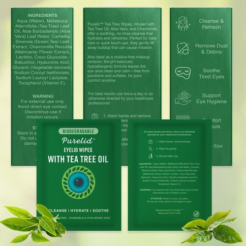 PURELID 100PCs Tea Tree Eyelid Wipes – Cleaning Eye Wipes for People with Dry Eyes & Allergies – Gentle Eyelid Cleanser with Hyaluronic Acid, Chamomile and Aloe – Individually Wrapped & Biodegradable