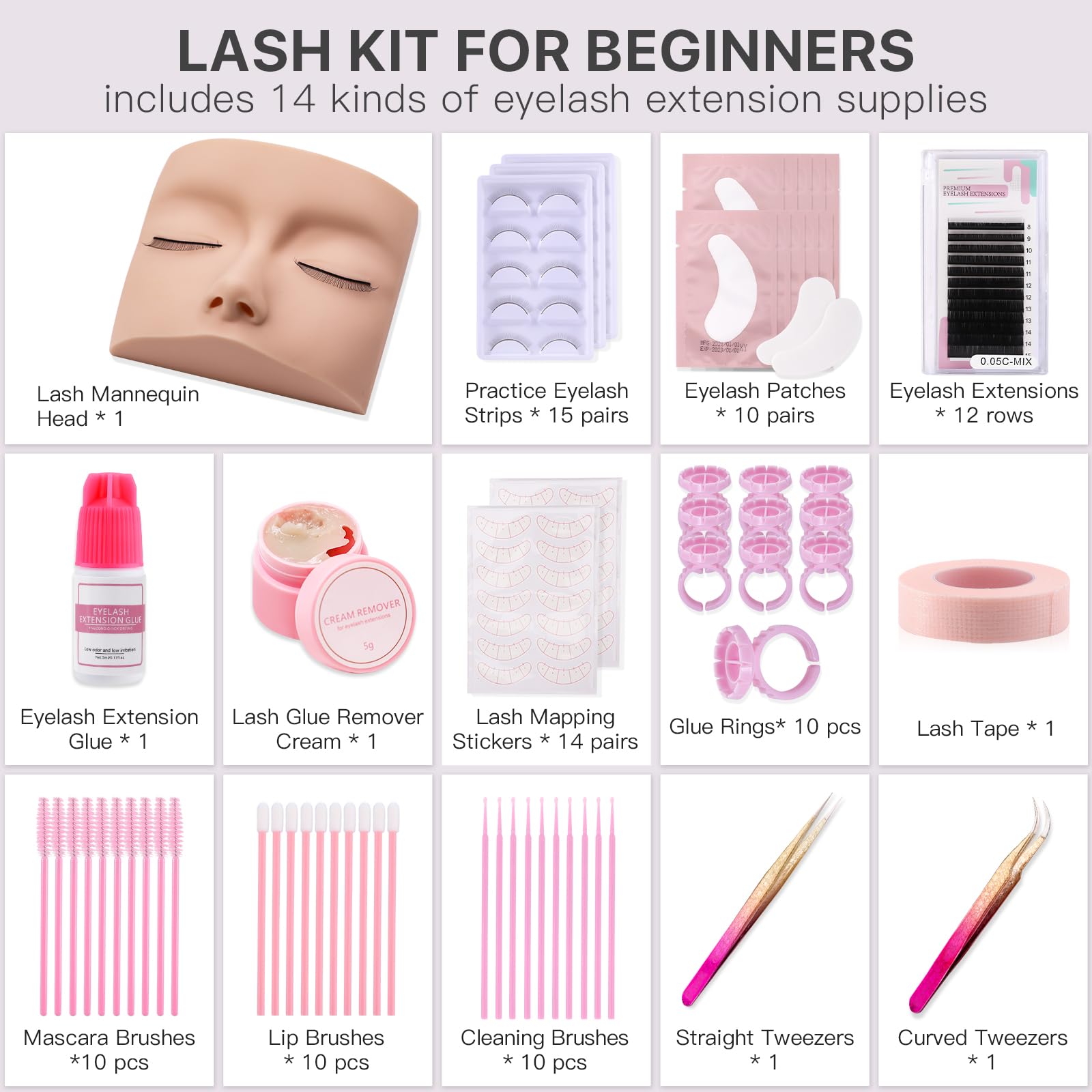 Vznffur Lash Kit for Beginners, Eyelash Extension Kit with Eye Lash Mannequin Head, Eyelash Extension Glue, Remover Cream, Tweezers for Practice Training