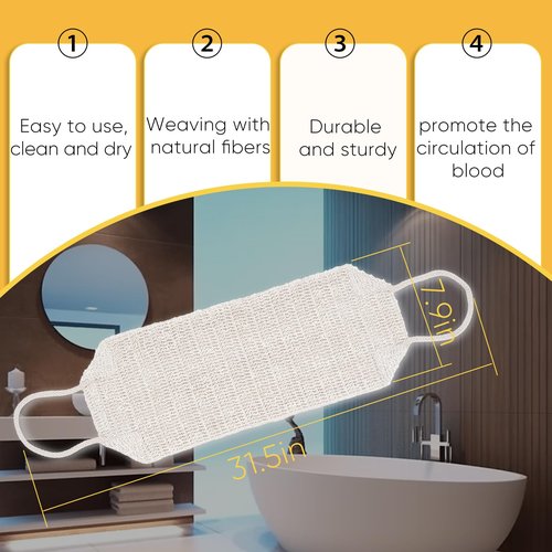 Natural Sisal & Ramie Exfoliating Back Scrubber for Shower with Handle - Deep Cleanse Back Scrubber, Scrub Spa Tool for Glowing Skin & Whole Body Care