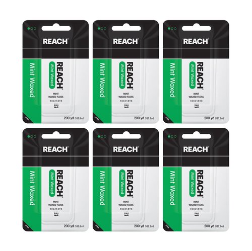 REACH Waxed Dental Floss, Mint, Plaque Remover for Teeth, Shred Resistant, Floss Slides Smoothly, Easy to Use, Waxed, Deep Cleaning Teeth, Oral Care, PFAS Free, for Adults & Kids, 6 Pack, 200 yd