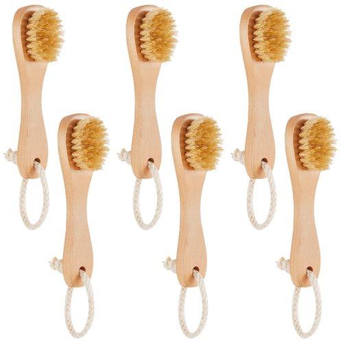 Nuanchu 6 Pcs Wooden Face Cleaning Brush Facial Exfoliator Brush Dry Scrubber Natural Bristles for Face Care Scrubber Exfoliator Wood Handle Facial Cleanser Tool to Unclog Pore