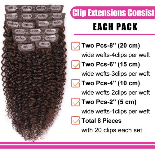 Chocolate Brown Kinky Curly Clip Ins 12 Inch 3C 4A Curly Clip In Hair Extension Real Human Hair Brazilian Remy Human Hair Extensions Double Weft 8Pcs 110g Natural Black