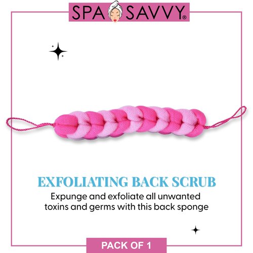 Spa Savvy Bath Loofah Back Scrubber, Long Stretch Mesh Shower Body Sponge with Rope Handles, Exfoliating Braided Pouf for Men and Women, Pink