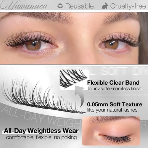 Natural Lash Clusters Velure Eyelash Clusters 8-14mm CC Curl Wispy Cluster Eyelash Extensions Clear Band Individual Lashes Soft Reusable DIY Cluster Lashes Extension for Natural Daily Look by Yawamica