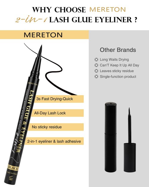 MERETON Lash Glue & Eyeliner Pen - 3-Second Quick Dry, 48H Waterproof, 2 in 1 Black Lash Adhesive for Strip Lashes, Long Lasting Strong Hold, Gentle for Sensitive Eyes (2ml / 0.07oz)