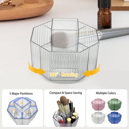 LiteTour Crystal Pink 360° Rotating Makeup Brush Organizer, Multi-Compartment Storage for Skincare, Cosmetic Tools, Vanity, Desk, Stationery, Pens, Office & Countertop Organizer for Bathroom & Home