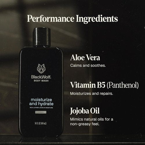 Black Wolf Moisturizing Body Wash for Men - Hydrating Sandalwood Cleanser with Hyaluronic Acid & Aloe Vera | 16 oz