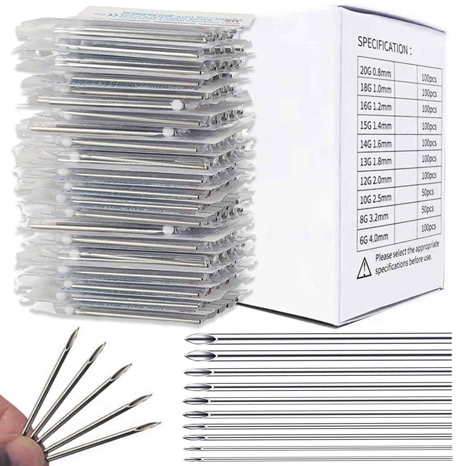 100Pcs Piercing Needles Mixed - Usiriy 20G 18G 16G 14G 12G Ear Nose Piercing Needle Kit Hollow Needles for Lip Tongue Belly Navel Nipple Body Piercing Professional Piercing Tools