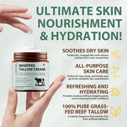 Cacukn Whipped Beef Tallow for Skin, Organic Face Moisturizer with Grass Fed Beef Tallow & Raw Honey, Deeply Moisturizes Face & Body, Reduces Skin Irritation and Sensitivity, 4.2 Oz