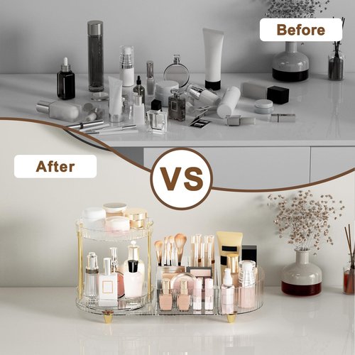 Makeup Organizer Countertop for Vanity, Rotating Perfume Tray with 5-compartment Cosmetic and Skincare Organizers, Multi-Purpose Desk Storage Makeup Brush Holder for Bathroom Bedroom Counter
