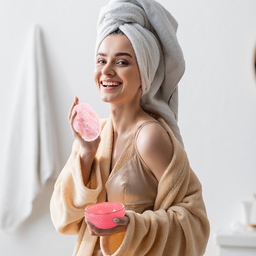 Teenyyou 4 Pcs Pink Large Body Powder Puff and Container for Body with Crystal Container Fluffy Soft Washable Face Glitter Powder Puff Puffs for Wet Dry