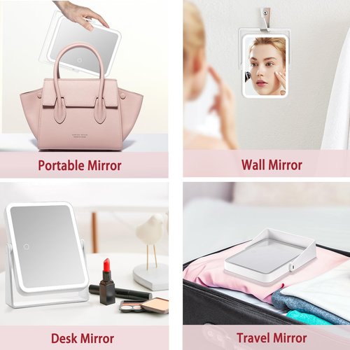 DESCHEN Rechargeable Travel Lighted Makeup Vanity Mirror with Lights and Magnification, Portable 10X/1X Magnifying Led Desk Mirror Makeup with 3 Color Light