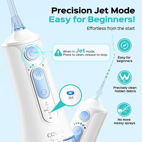 COSLUS C51 Portable Water Flosser for Teeth: 3 Modes & 6 Pressure Settings with Jet Mode Water Dental Pick for Orthodontic, Braces, Sensitive Gums, Compact for Travel, 300ML for Multiple Users, White