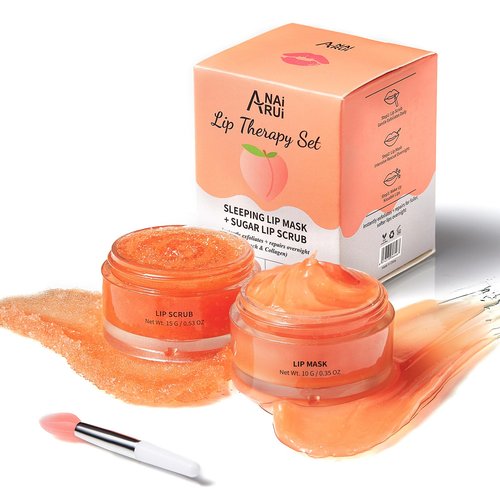 ANAI RUI Lip Scrub & Mask Set, Lip Scrubber Exfoliator, Lip Sugar Scrub, Lip Sleeping Mask, Moisturizering for Dry, Chapped, Dark Lips, Overnight Lip Mask, Peach