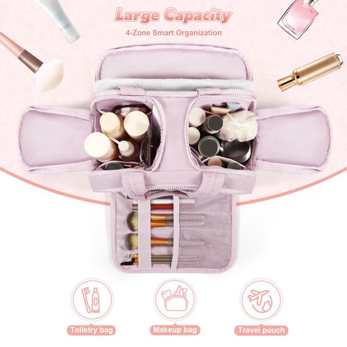todbown Travel Toiletry Bag:  Large Capacity, 4 Compartments, Wet/Dry Separation, Ultra-Soft Lightweight Fabric & Anti-Spill Design for Travel,Gym,Gift(11.8" L) (Soft Pink)