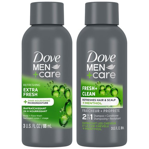 Dove Men+Care Travel Essentials Bundle – Extra Fresh Body & Face Wash & Fresh + Clean 2-in-1 Shampoo, 3 Oz Ea