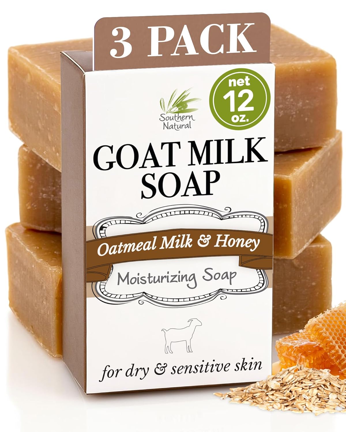Southern Natural Goat Milk Soap Bar - Oatmeal Milk & Honey | 3-Pack for Dry, Sensitive Skin
