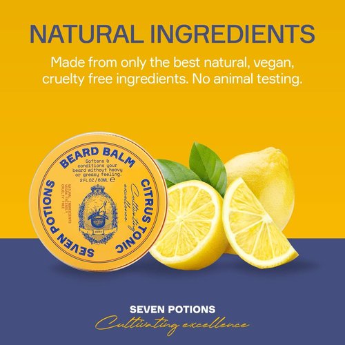 Seven Potions Beard Balm - All-Natural Conditioning Softener for Men | Nourishes Skin & Facial Hair - Citrus Tonic (2 FL OZ)