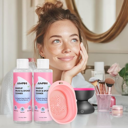 Alyfini Makeup Brush Cleaner Solution + Scrub Basin Combo, Removes Tough Stain on Make Up Brushes Set/Sponge/Puffs, Deep Clean Inner Bristles from Waterproof Foundation/Concealer, 10.2 Fl Oz/300 ml