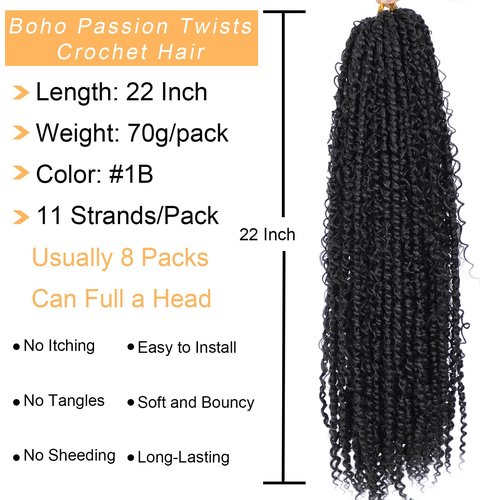 Boho Style Passion Twist Hair 22inch Long Pre-Twisted Crochet Goddess Passion Twist Hair 8Pack Pre Looped Curly Crochet Hair Soft Bohemian New Passion Twist Crochet Braids Hair for Black Women,1b#