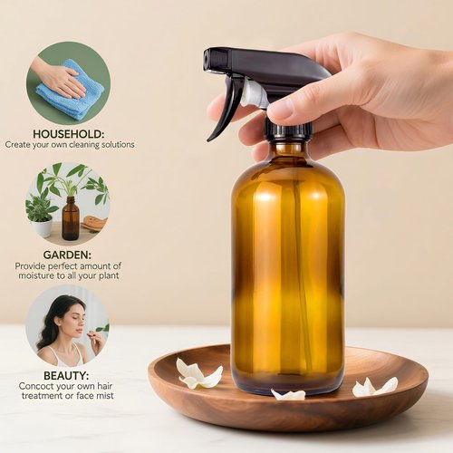 JIUWU 2 Pack 500ml 16.9oz Amber/Brown Glass Spray Bottles, Thickened, Refillable Empty Bottles for Cleaning Solutions, Essential Oils, Hair, Plants, Adjustable Nozzle for Squirt/Mist, Funnel, Label