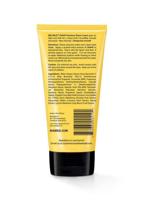 Bee Bald SHAVE Premium Shaving Cream Goes On Light & Slick That's Incredibly Smooth & Quick For Both Face And Head, 6 Fl Oz