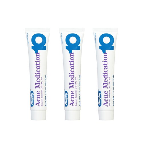 Rugby Acne Medication Benzoyl Peroxide Gel USP, 10% - Clear Up Acne Pimples - Greaseless, Vanishing Formula - 1.5 Oz (42.5g) - 3 Pack