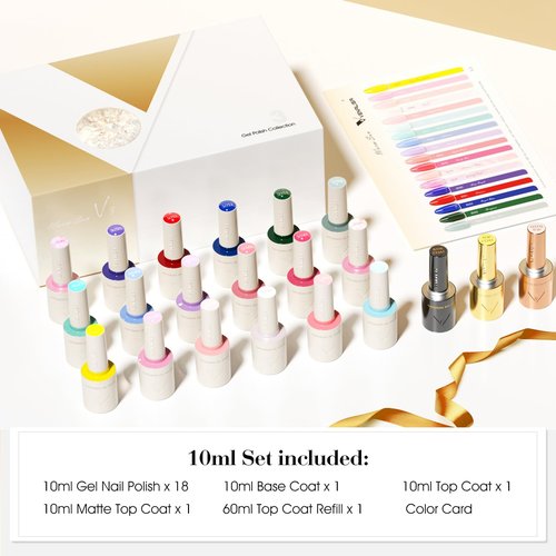 VENALISA V3 22 Pcs 10 ML Gel Nail Polish Set with Color Card, Pink Blue Red Green Purple Gel Polish Glitter Color Nail Art Starter Manicure Salon DIY at Home