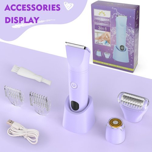 Bikini Trimmer for Women, 3 in 1 Electric Razors for Women, Waterproof Pubic Hair Trimmer and Facial Hair Remover, Rechargeable Electric Shaver for Underarm Leg Arm Body with LED Display