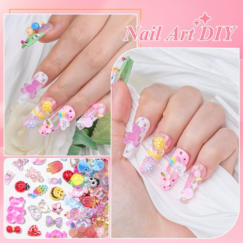 320Pcs Candy Nail Charms Kit, Cute Animal & Sweet 3D Nail Charms for Acrylic Nails Cartoon Gummy Bear Candy Lollipop Bee Fruit for Nail Art, DIY Craft with Tweezer and Pickup Brush