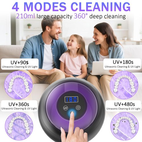 45kHz 210ml Ultrasonic Dental Cleaner For Aligners, Night Guards, Dentures, Mouth Guards, Braces, Toothbrush Heads & Jewelry, 4 Modes Digital Timer Retainer Cleaner Machine (BLACK)