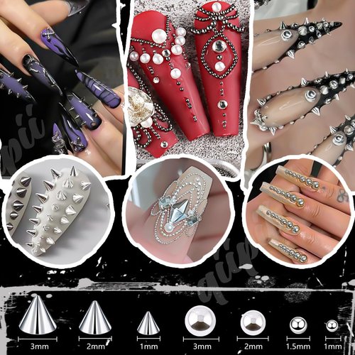 qiipii Metallic Black Silver 3D Mini Metal Punk Bullet Rivet Nail Charms Flat Bottomed Alloy Pointed Cone Spike Nail Art Rhinestones Pearls Gems Studs Steel Beads Balls for Acrylic Nails Goth Manicure