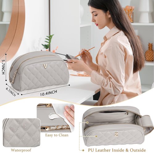 COSHAYSOO Personalized Birthday Appreciation Thank You Gifts for Women Best Friend Mom Adult Sister Teacher Nurse Employee Female Coworker, Initial Make Up Bag Leather Cosmetic Bags Taupe Letter V