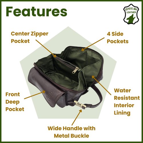 Coyote Bay® Flypouch Premium Full Grain Soft Leather Toiletry Bag, Large 9 Inch, Makeup Bag, Travel Organizer Pouch, Shaving Kit, Cosmetics Toiletry Bathroom Organizer (Brown, Large)